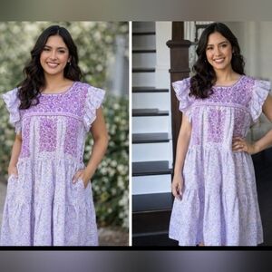 Embroidered Lavender Floral Ruffle Sleeve Dress